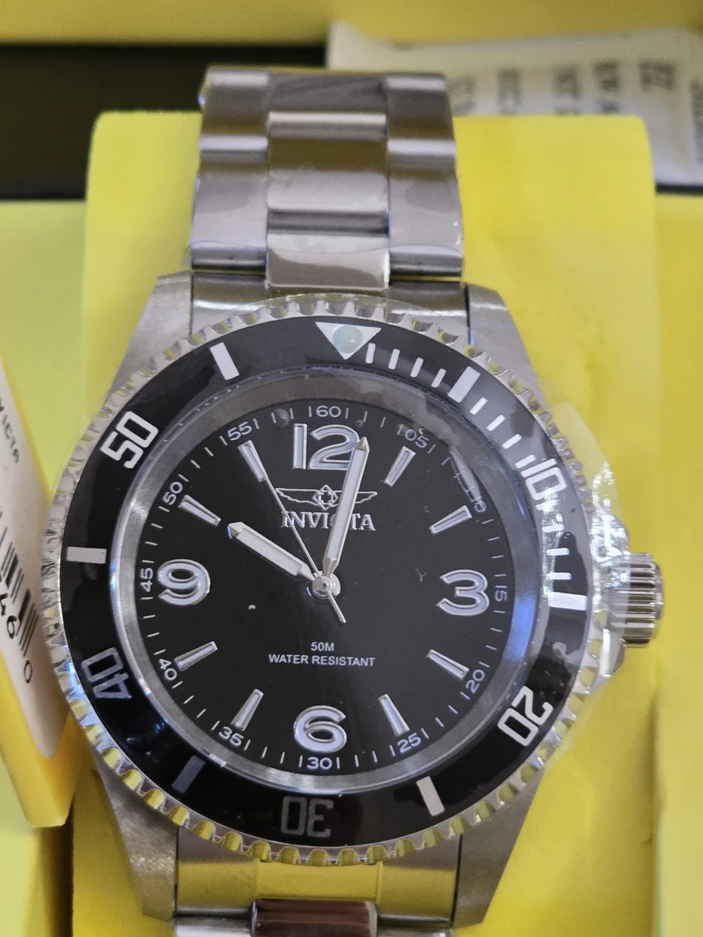 Invicta Silver Stainless Steel Watch with Black Dial and Bezel